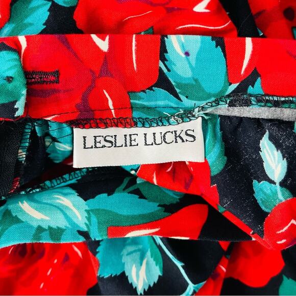 Vintage Leslie Lucks red black floral rose rockabilly grunge midi skirt medium - Picture 5 of 5